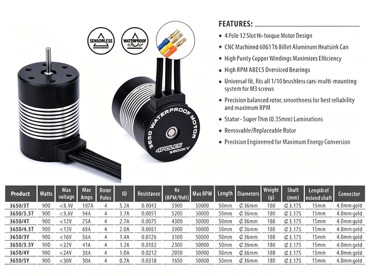 3650 4P Waterproof Brushless Motor